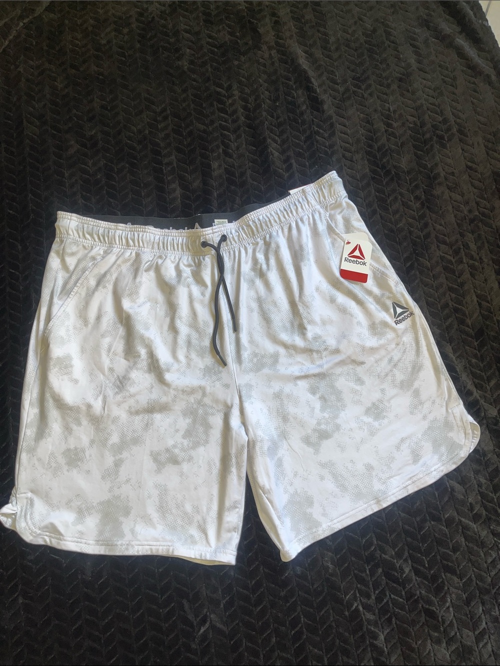 Reebok White Athletic Shorts with Light Gray Camo and Black Drawcord